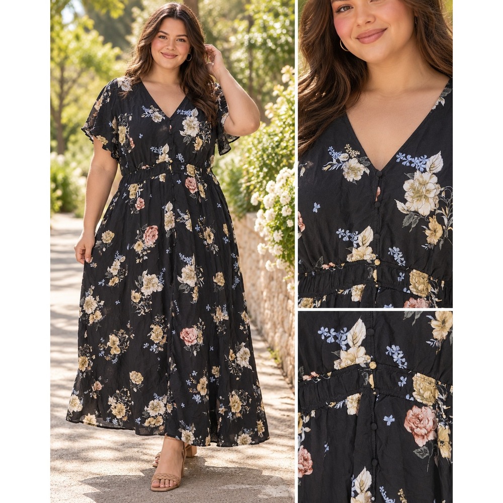 Torrid Floral Maxi Dress Plus Size 4 4X Black V-Neck Button Front Short Sleeve